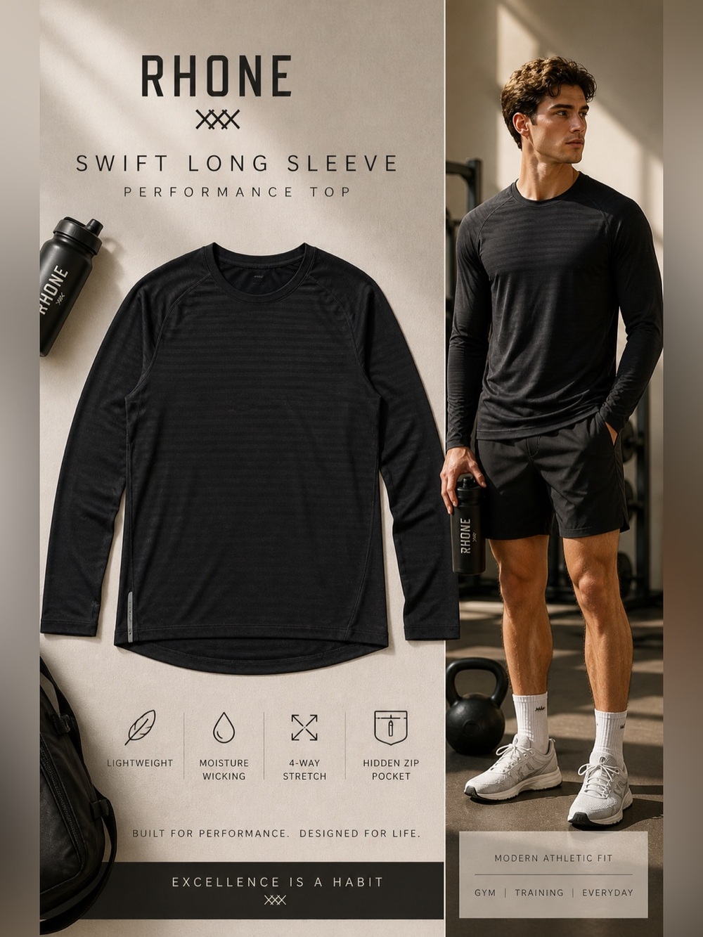 RHONE Swift Long Sleeve Performance Shirt Black Athletic Top
